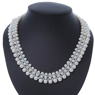 White Imitation Pearl & Transparent Glass Bead Collar Necklace In Silver Tone - 44cm L/ 4cm Ext - main view