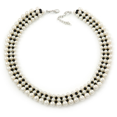 White Imitation Pearl & Black Glass Bead Collar Necklace In Silver Tone - 44cm L/ 4cm Ext - main view