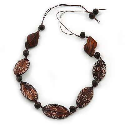 Tribal Brown Wood Bead Cotton Cord Necklace - 80cm L - main view