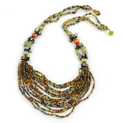 Light Green/ Orange/ Grey Glass Bead Bib Style Necklace - 70cm L - main view