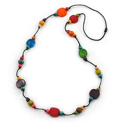 Long Multicoloured Wood, Plastic Bead Cotton Cord Necklace - 100cm L - main view