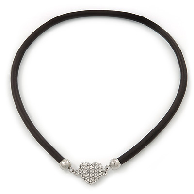 Black Rubber Necklace With Crystal Heart Magnetic Closure - 38cm L