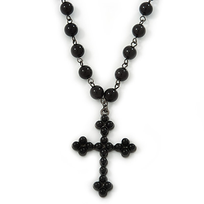 Cross Pendant With Black Acrylic Beaded Chain In Black Tone - 38cm L/ 5cm Ext - main view