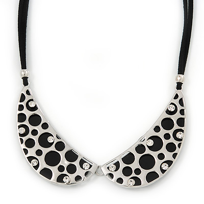 Silver Tone, Crystal Collar Necklace With Black Suede Cords - 40cm L/ 7cm Ext - main view