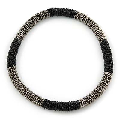 Statement Chunky Grey, Black Beaded Stretch Choker Necklace - 44cm L - main view