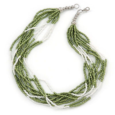 Multistrand White/ Green Glass Bead Necklace - 49cm L - main view