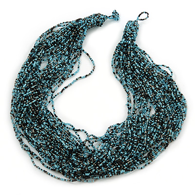 Chunky Light Blue/ Black Glass Bead Bib Necklace - 62cm L - main view