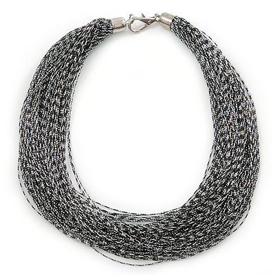 Multistrand Metallic Silver/ Black Silk Cord Necklace In Silver Tone - 50cm L - main view