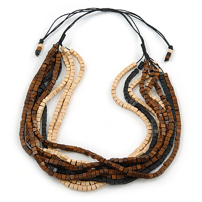 Multi-Strand Brown/ Black/ Cream Wood Bead Adjustable Cord Necklace - 46cm to 58cm - main view