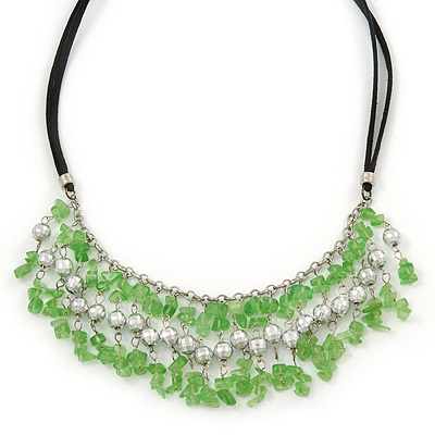 Light Green Glass Bead Bib Necklace With Black Faux Suede Cords - 46cm L