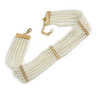 6-Strand White Coloured Faux Pearl Bridal Diamante Choker Necklace in Gold Plated Metal - 30cm L/ 5cm Ext