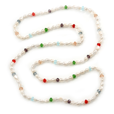 Long Rope White Baroque Shape Freshwater Pearl, Multicoloured Glass Bead Necklace - 116cm L - main view