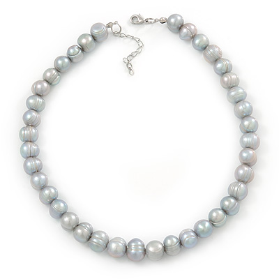 12mm Light Grey Ringed Freshwater Pearl Necklace In Silver Tone - 40cm L/ 4cm Ext - main view