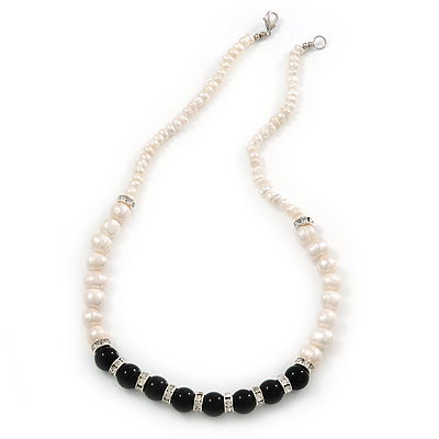 5mm - 10mm Cream Freshwater Pearl, Black Agate Stone and Crystal Rings Necklace - 45cm L - main view
