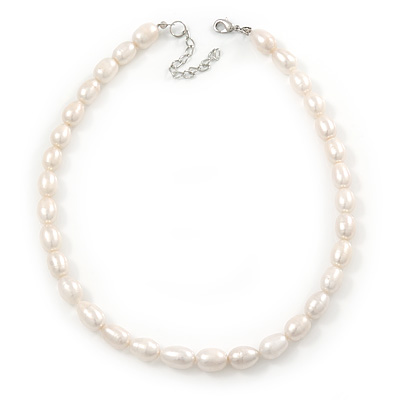 12mm Rice Shaped White Freshwater Pearl Necklace In Silver Tone - 41cm L/ 6cm Ext - main view