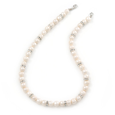 9mm Ringed White Freshwater Pearl With Crystal Rings Necklace In Silver Tone - 43cm L - main view