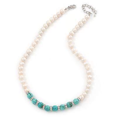 7mm Off Round Cream Freshwater Pearl, Turquoise Stone and Crystal Rings Necklace - 38cm L/ 6cm Ext - main view