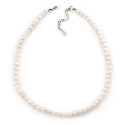 8mm Light Cream Oval Freshwater Pearl Necklace In Silver Tone - 42cm L/ 6cm Ext - main view