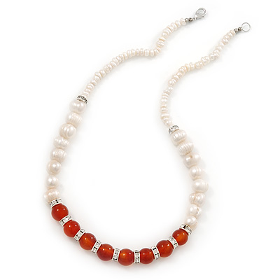 5mm - 10mm Cream Freshwater Pearl, Carnelian Stone and Crystal Rings Necklace - 45cm L