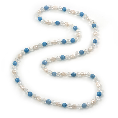 Freshwater Pearls, Light Blue Agate Stone and Transparent Crystal Bead Long Necklace - 80cm L - main view