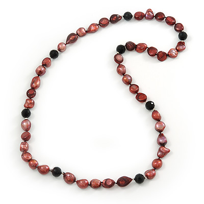 Burgundy Baroque Shape Freshwater Pearl, Black Glass Bead Necklace - 80cm L - main view