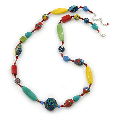 Long Multicoloured Ceramic Bead Necklace - 78cm L/ 7cm Ext - main view