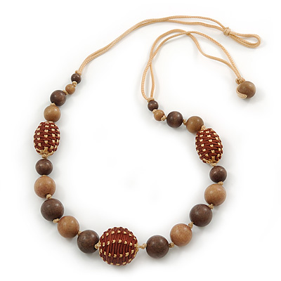 Long Chunky Brown Wood Bead Necklace With Cotton Cords - 80cm L - main view