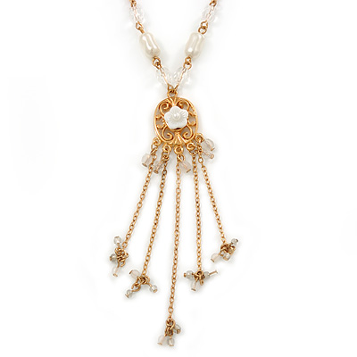 Vintage Inspired Shell Floral With Charms Pendant with Gold Tone Pearl Bead Chain - 42cm L/ 5cm Ext