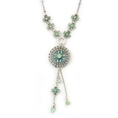 Light Green Enamel, Crystal Flower Pendant With Silver Tone Beaded Chain - 38cm L/ 6cm Ext