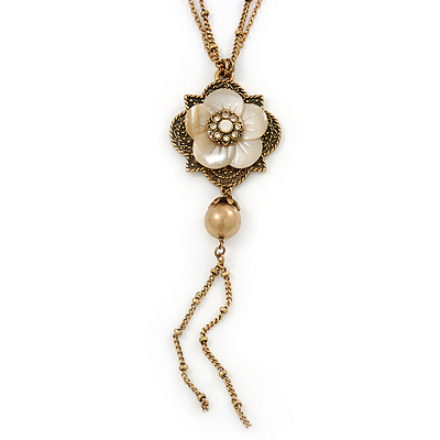 Vintage Inspired Mother Of Pearl Floral Pendant With Long Double Chain In Antique Gold Tone - 70cm L/ 6cm Ext - main view