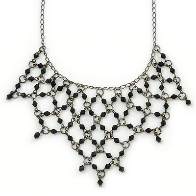 Victorian Style Black Beaded Bib Necklace In Black Tone Metal - 42cm L/ 3cm Ext - main view