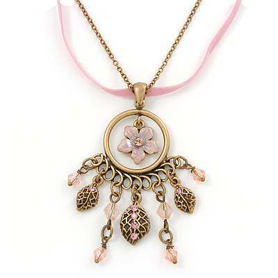 Vintage Inspired Enamel Crystal Floral Pendant With Gold Tone Chain and Pink Suede Cord - 38cm L/ 8cm Ext - main view
