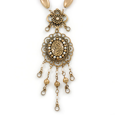 Victorian Style Filigree Oval Beaded Pendant With Chunky Chain In Antique Gold Tone - 40cm L/ 5cm Ext