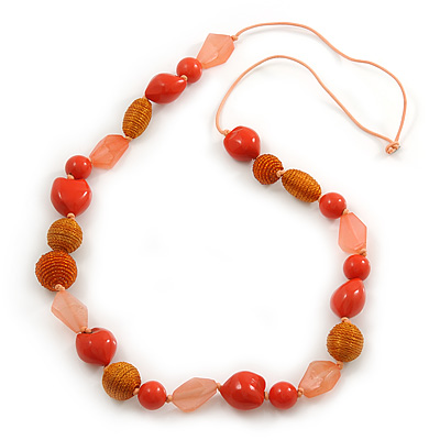Long Orange, Coral Wood, Resin and Cotton Bead Cord Necklace - 100cm L - main view