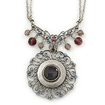 Vintage Inspired Round Filigree Crystal Pendant with Double Chain In Pewter Tone - 40cm L/ 5cm Ext - main view