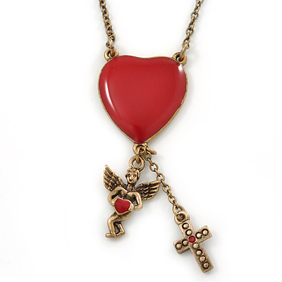 Vintage Inspired Red Enamel Heart, Angel, Cross Charm Necklace In Antique Gold Tone - 36cm L/ 7cm Ext