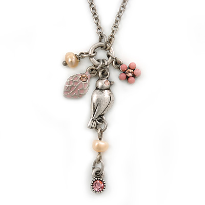Vintage Inspired Bird, Flower & Freshwater Pearl Pendant With Chain Necklace In Pewter Tone - 46cm L/ 7cm Ext - main view