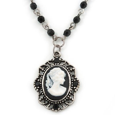 Victorian Style Oval Black Cameo Pendant With Beaded Chain In Pewter Tone - 37cm L - main view
