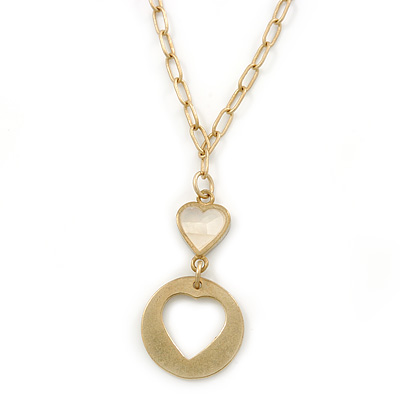 Gold Tone Cut Out Heart/ Mother Of Pearl Heart Pendant with Chunky Oval Link Chain - 40cm L/ 5cm Ext