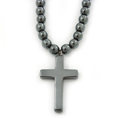 6mm Dark Grey Hematite Beaded Necklace With Cross Pendant Screw Barrel Clasp - 47cm L - main view