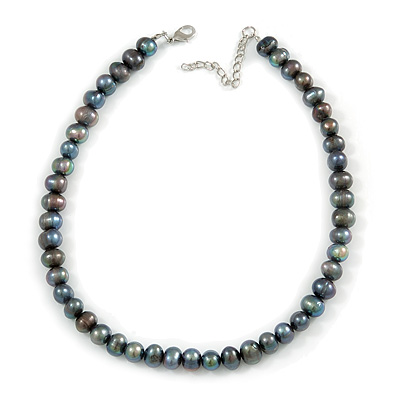 10mm Grey Potato Freshwater Pearl Necklace In Silver Tone - 41cm L/ 6cm Ext