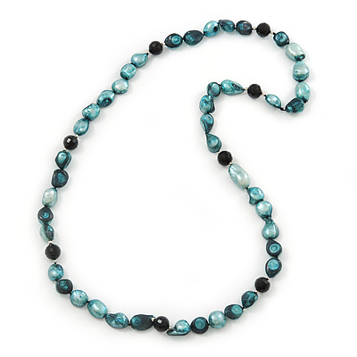 Teal Green Baroque Shape Freshwater Pearl, Black Glass Bead Necklace - 80cm L - main view