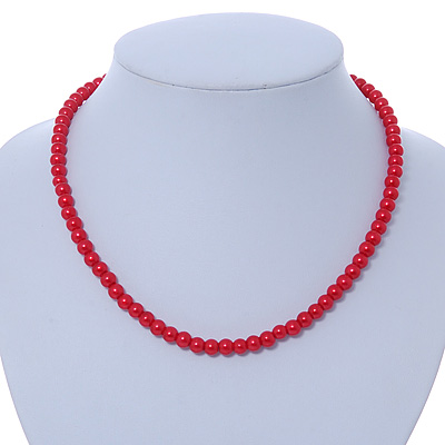 7mm Bright Red Acrylic Bead Necklace In Silver Tone - 37cm L - main view