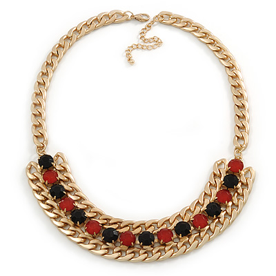 Chunky Gold Link Chain Bib Necklace with Pink/ Black Acrylic Stones - 44cm L/ 7cm Ext - main view
