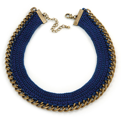 Dark Blue Cotton Collar Necklace with Antique Gold Chain - 35cm L/ 8cm Ext - main view