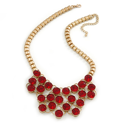 Red Glass Crystal Bib Necklace In Gold Plated Metal - 42cm L/ 7cm Ext - main view