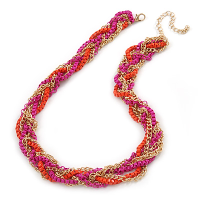 Deep Pink/ Orange/ Gold Plaited Necklace - 42cm L/ 7cm Ext - main view