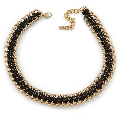 Statement Woven Black Silk Cord with Black Crystals, Matt Gold Chunky Chain Choker Necklace - 35cm L/ 8cm Ext