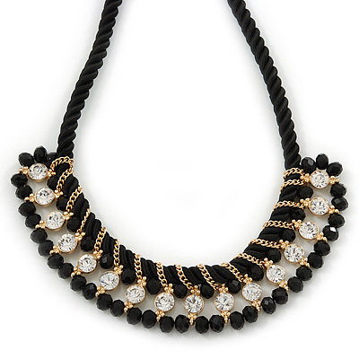 Statement Black Glass Bead, Clear Crystal Silk Black Cord Necklace - 42cm L/ 7cm Ext - main view