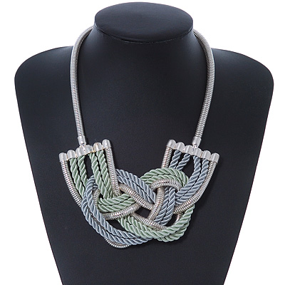 Light Green/ Grey Silk Cord Knot Pendant with Snake Style Chain Necklace In Silver Tone - 47cm L/ 8cm Ext